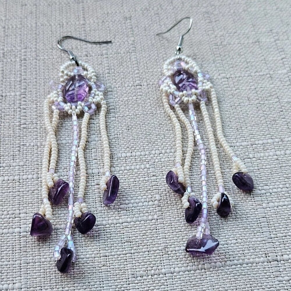 Women Earrings Fashion Jewelry White Beads Purple Stone Drop Down Earrings